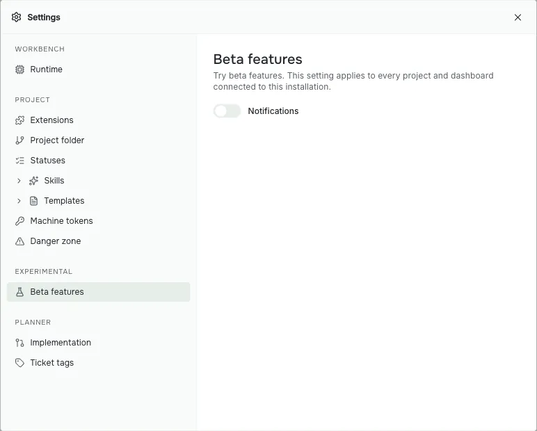 Settings with Beta features selected and the Notifications switch turned off.