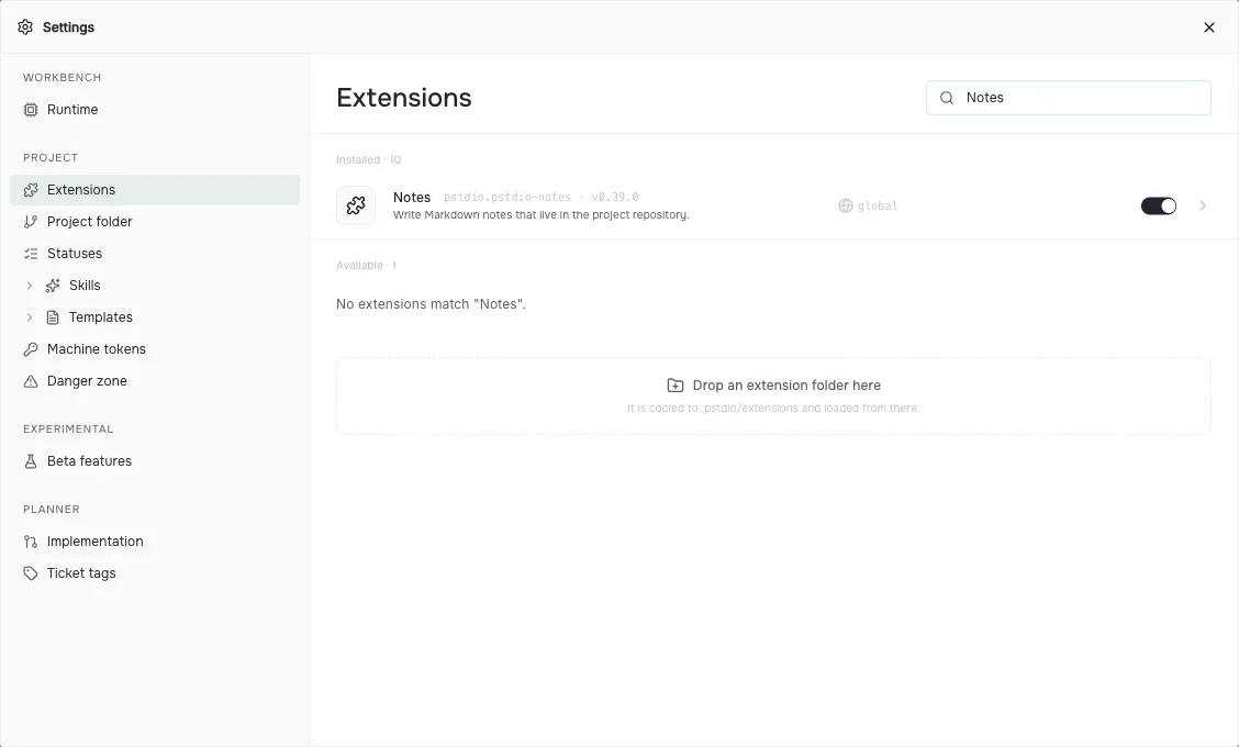 Extensions settings filtered to Notes, showing the installed extension with its project switch turned on.
