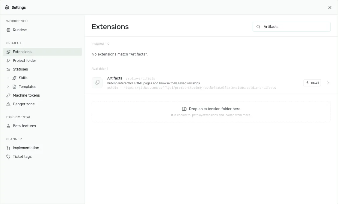 Extensions settings filtered to Artifacts, showing an Available row with an Install button.