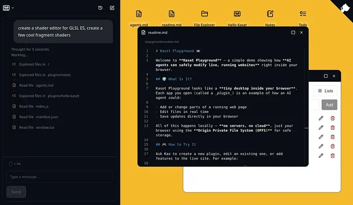 Kaset Playground with an agent creating a shader editor beside desktop-style tools and an open readme