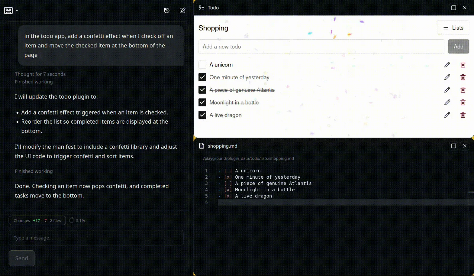 Kaset agent adding confetti and moving completed todo items to the bottom, with the shopping list and its Markdown file visible
