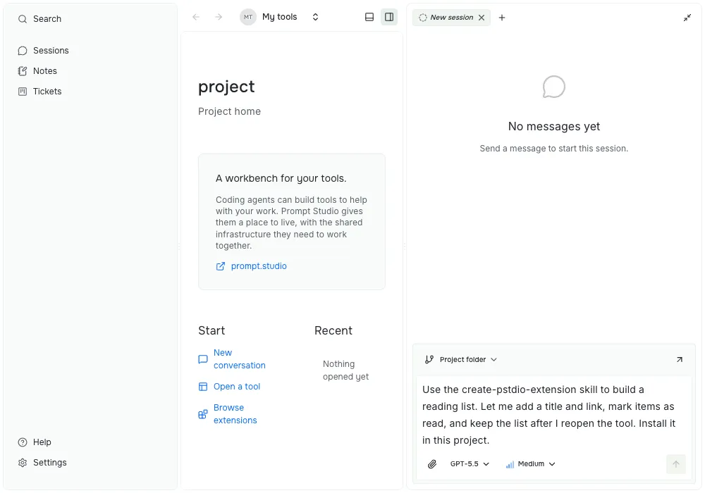 New session panel beside the Start page, with a draft request to build a reading-list extension, a Project folder selector, and model controls.