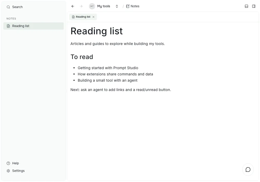 Notes tool with Reading list selected in the sidebar and a tab showing a formatted heading and a list of articles to read.