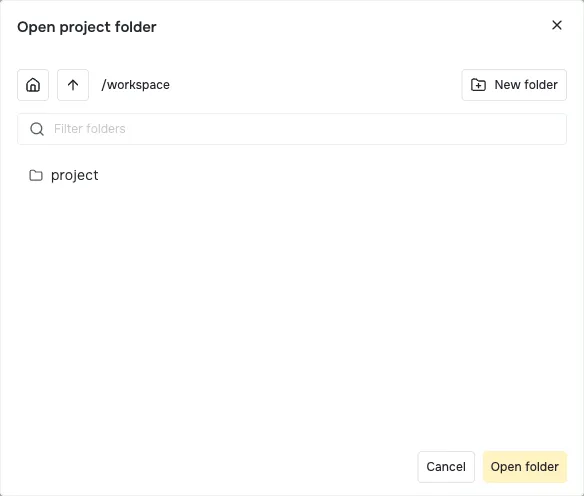 Open project folder dialog with a folder path, a list of folders, and an Open folder button.