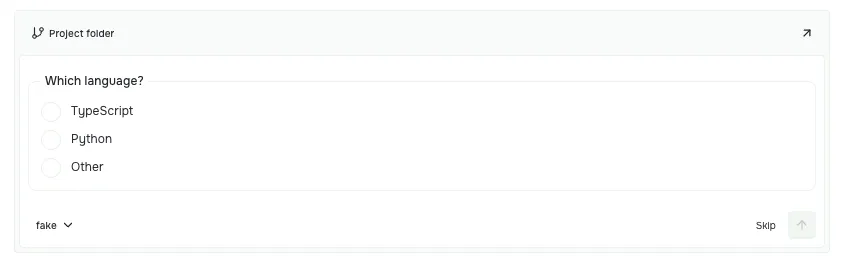 Question form offering TypeScript, Python, Other, and a Skip button