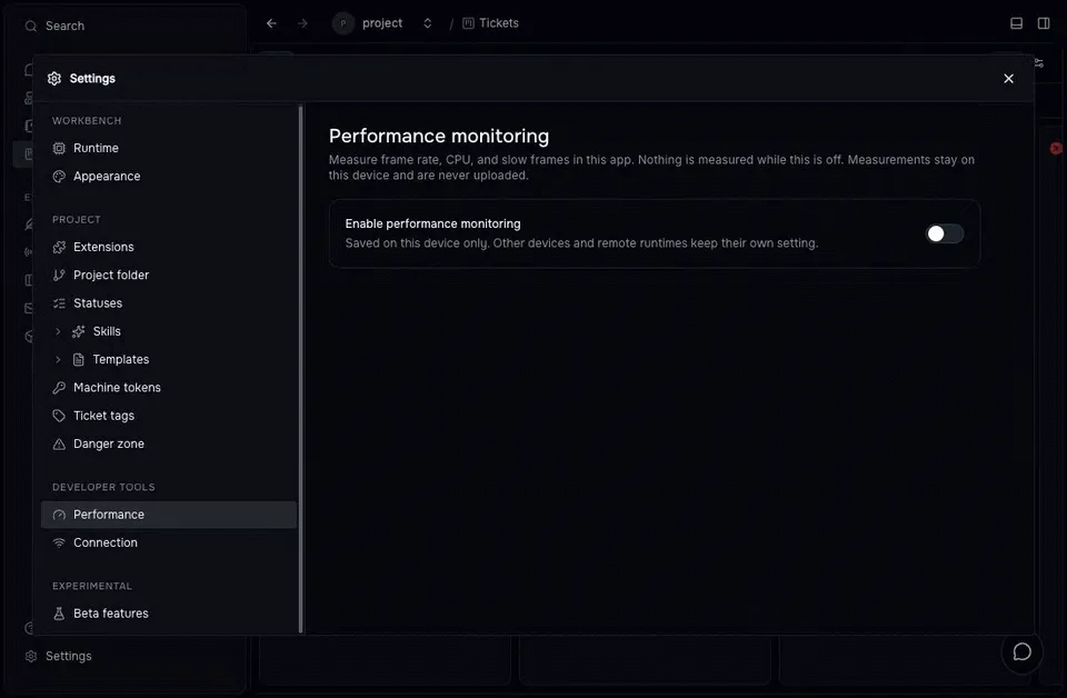 Enabling performance monitoring and opening the frame-rate popover