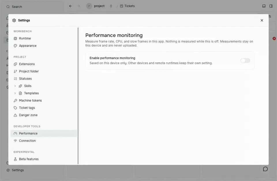 Enabling performance monitoring and opening the frame-rate popover