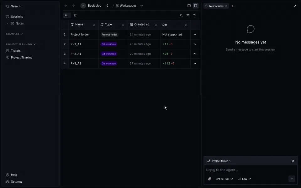 Opening a workspace from Workspaces, with its latest session previewed in the Side panel
