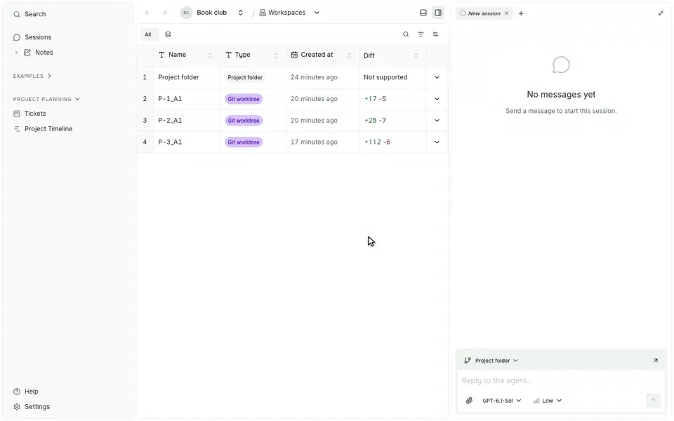 Opening a workspace from Workspaces, with its latest session previewed in the Side panel