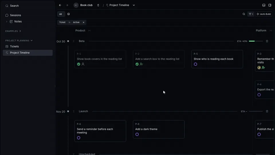 Hovering a milestone ETA, then zooming out and panning across the Project Timeline