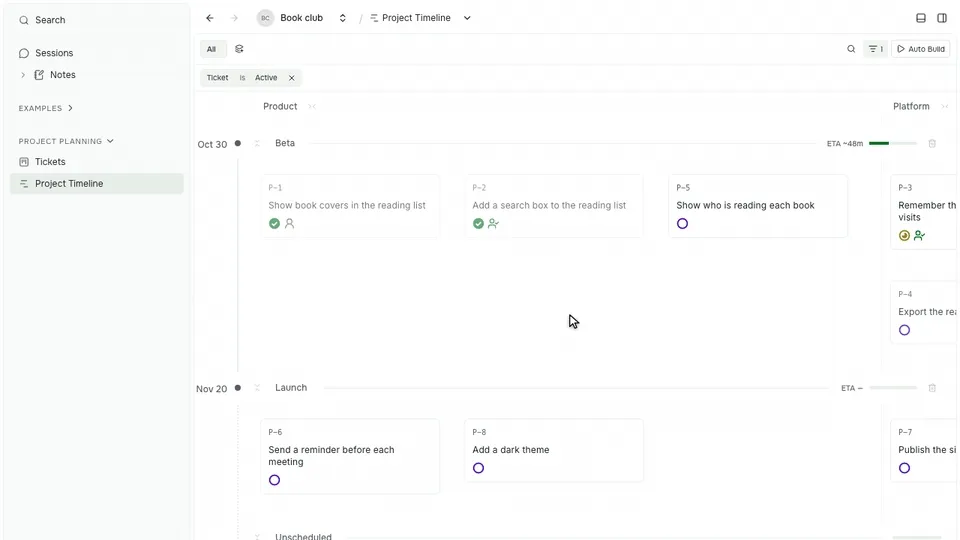Hovering a milestone ETA, then zooming out and panning across the Project Timeline