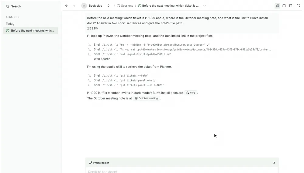 Hovering a Bun docs link that shows the Bun icon, then clicking a note link titled October meeting to open the note