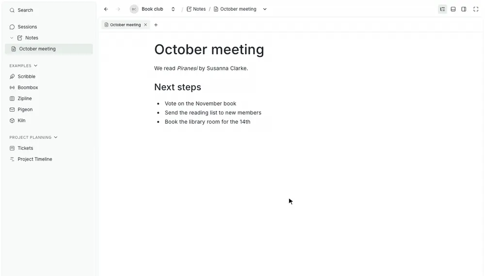 Dropping a note tab on the closed right edge to open the Side panel, then dragging the Side panel to the left of the board
