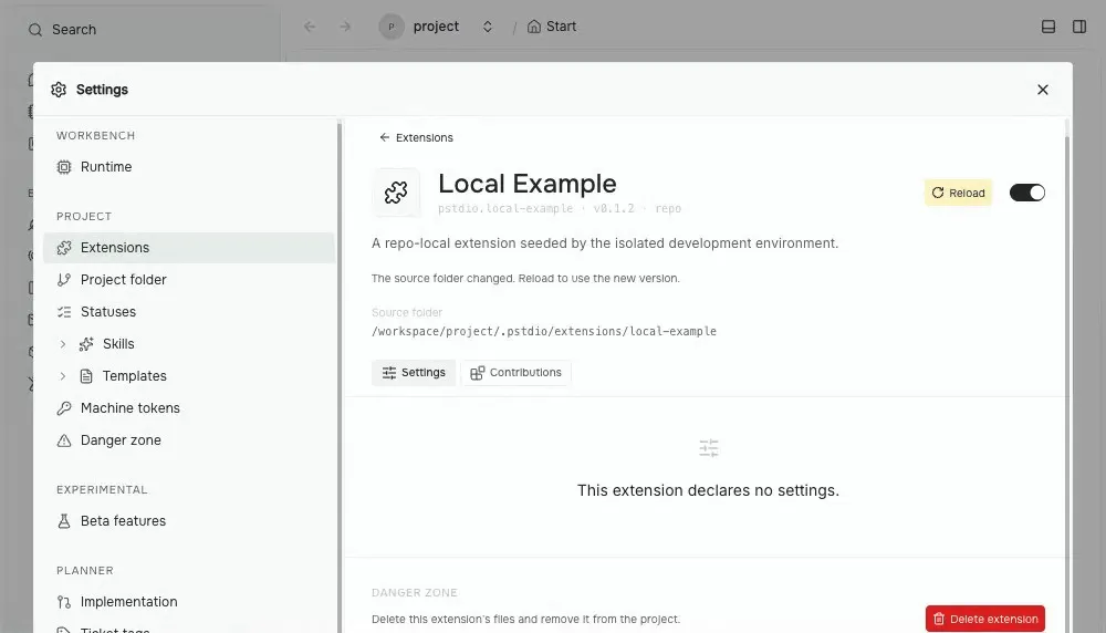 Animation reloading changed local extension source in settings and opening Contributions to see its updated command title
