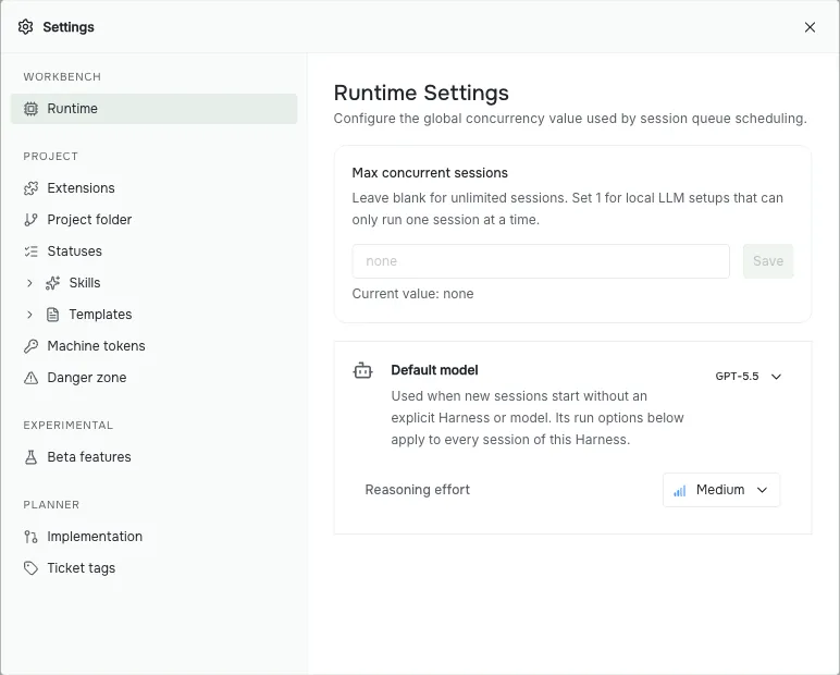 Runtime settings showing Max concurrent sessions and the Default model and reasoning effort selectors.