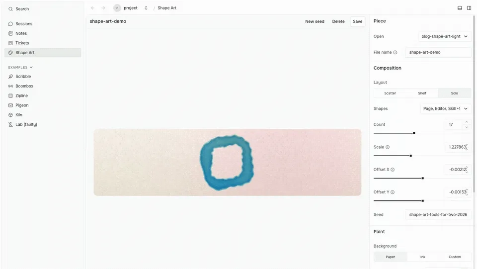 Shape Art editor changing a saved banner between compositions and paper and ink backgrounds