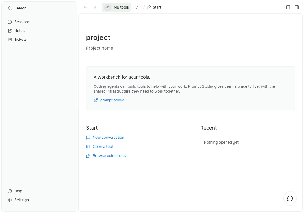 Prompt Studio workbench showing the My tools project, the sidebar, and the Start page with New conversation, Open a tool, and Browse extensions.